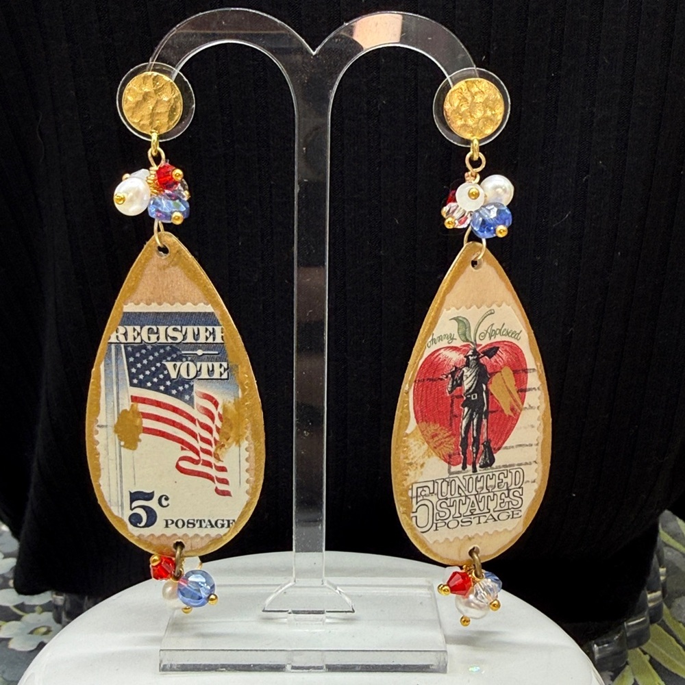 🌟Adorned Crown Jewelry assemblage vintage stamps America USA patriotic earrings
